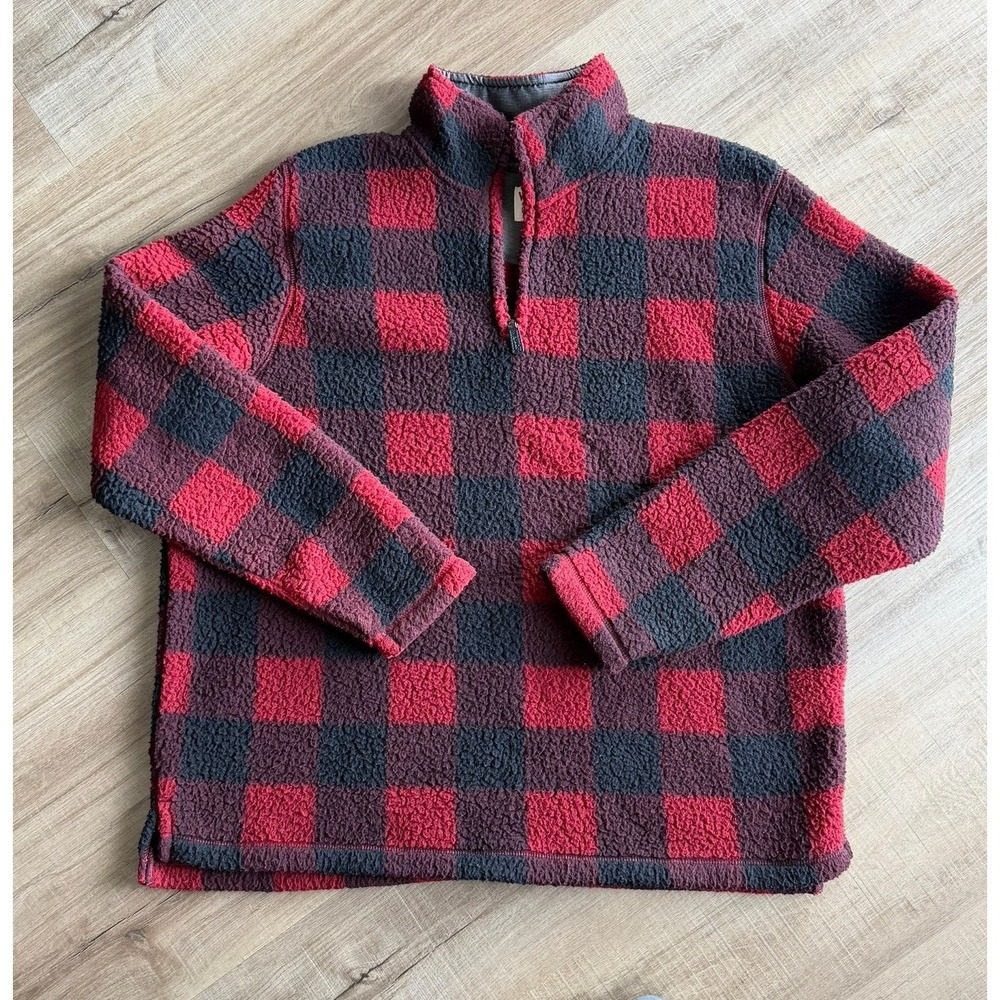Wrangler Fleece Check Half Zip Pullover Sweater Red Black Mock Neck L